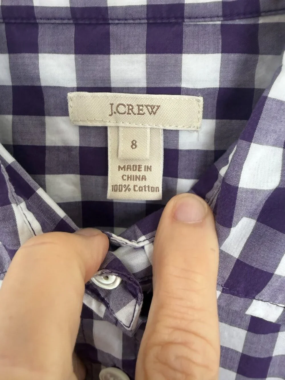 J.Crew Women’s Gingham Button Down Shirt Purple White 100% Cotton Size 8 Preppy
